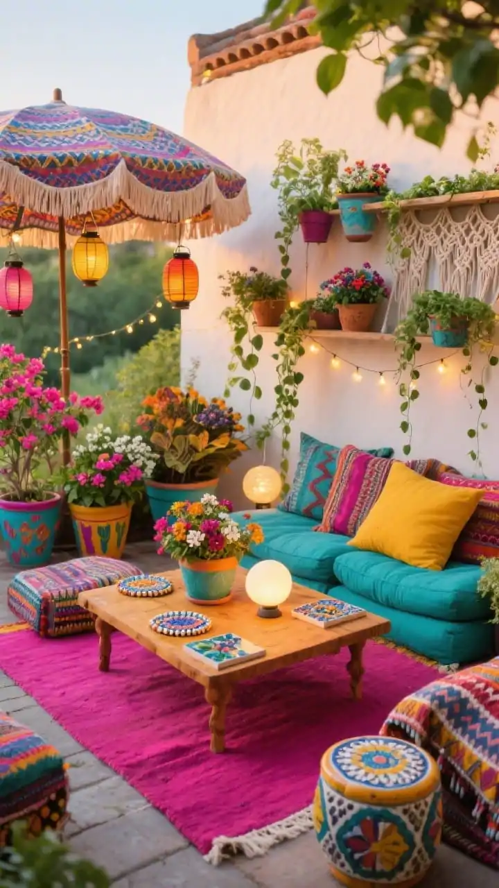 Photorealistic medium shot of a boho color-soaked lounge at late afternoon: bright outdoor rug in fuchsia, saffron, and teal; layered floor cushions and a low mango-wood coffee table styled with beaded coasters and hand-painted tiles as mini trivets; painted pots overflowing with flowering annuals bougainvillea (dwarf), lantana, coleus, trailing verbena and vines; a macramé plant shelf hanging with pothos and string of hearts; fringed umbrella casting patterned shade; colorful lanterns, fairy lights, and a plug-in orb lamp ready for evening glow; ceramic garden stools and patterned throws completing the joyous, eclectic vibe; straight-on composition.
