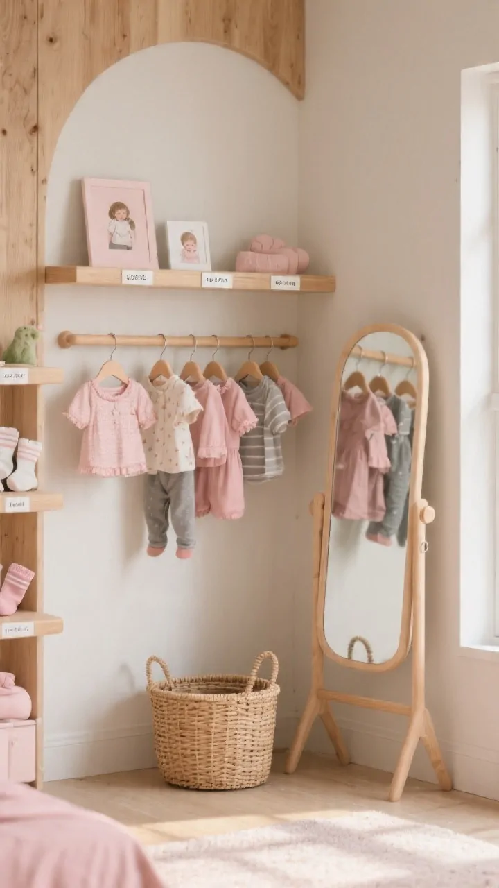 Photorealistic medium shot of a child-height mini wardrobe area: a low clothing rack with 5–7 coordinated toddler outfits on small wooden hangers, labeled shelves with picture tags for tops, leggings, and socks, a simple standing mirror at child height for outfit checks, neutral walls with warm wood and rattan textures, soft blush accent basket on the floor, even natural daylight