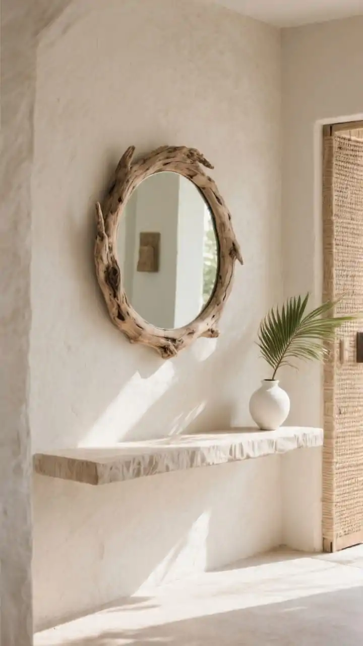 Photorealistic medium shot of a chunky driftwood mirror with an irregular, organic frame mounted above a floating console in a sunlit Tulum-inspired entryway; neutral palette of sand, chalk, and linen; console styled with a single white ceramic vase holding a fresh palm leaf clipping; soft natural light bouncing off the mirror to open up the space; round or oval mirror shape to soften angles; clean plaster wall, woven texture hints, matte finishes, no clutter.