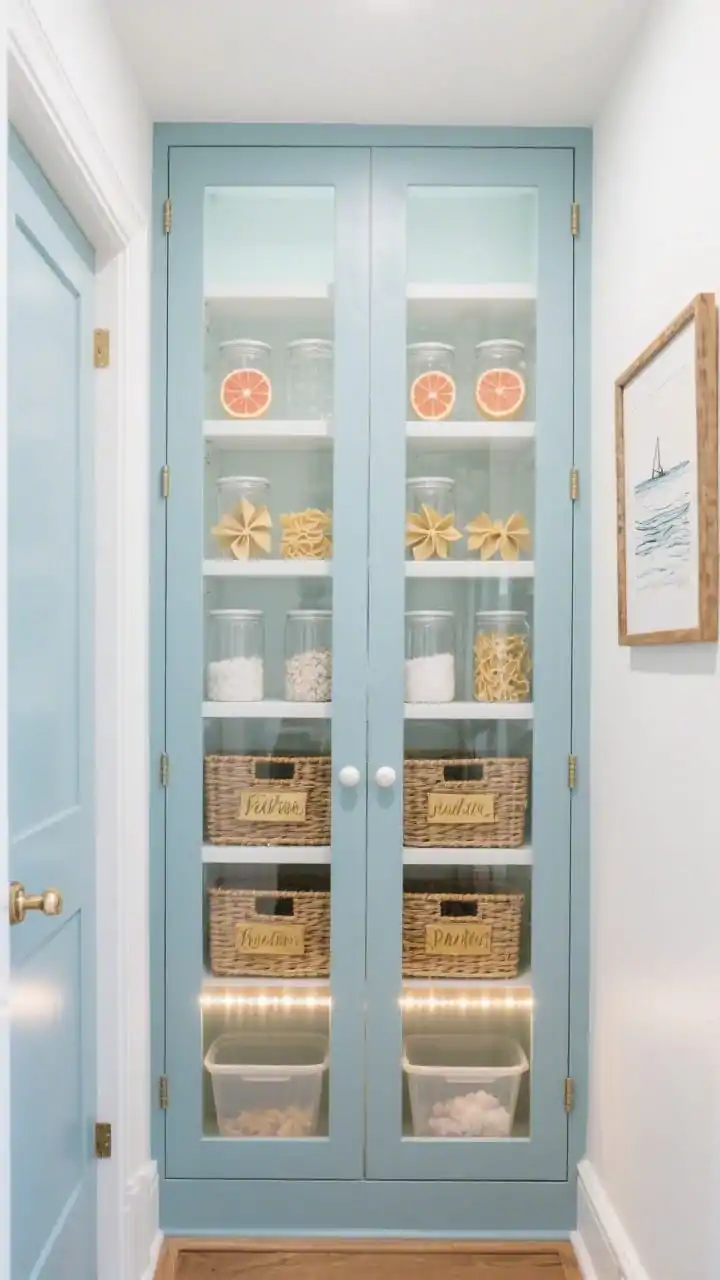 Photorealistic medium shot of a coastal glass-front pantry in a narrow hallway closet, straight-on view: glass-front shaker doors reveal seafoam blue cabinetry with crisp white trim and pearl-toned hardware, white oak adjustable shelves lined with clear canisters holding dried citrus slices, farfalle pasta, and sea salt flakes, woven rattan baskets labeled in brass script, frosted bins for backstock at the bottom; slim LED strip lighting under shelves emits a gentle glow; accents include a framed coastal sketch on the side panel; color palette: seafoam blue, crisp white, warm oak; airy, calm coastal mood, no people.