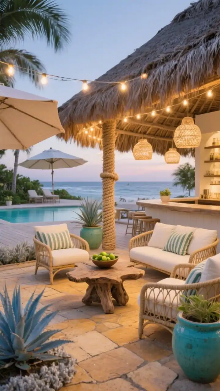 Photorealistic medium shot of a coastal palapa escape by a pool: a thatched-roof palapa bar with rope-wrapped columns and woven pendant lights glowing warmly at dusk. Underfoot, honey-colored limestone or tumbled travertine pavers. Plantings of silver saw palmetto and blue agave for low, textural borders that preserve views. Curved rattan armchairs with cream cushions and striped lumbar pillows around a driftwood coffee table; oversized canvas umbrellas in pale sand hues. Palette of ivory, sand, sea-glass green, and pops of turquoise in ceramic planters. A string of warm café lights across the deck and a bowl of limes on the bar; no people.