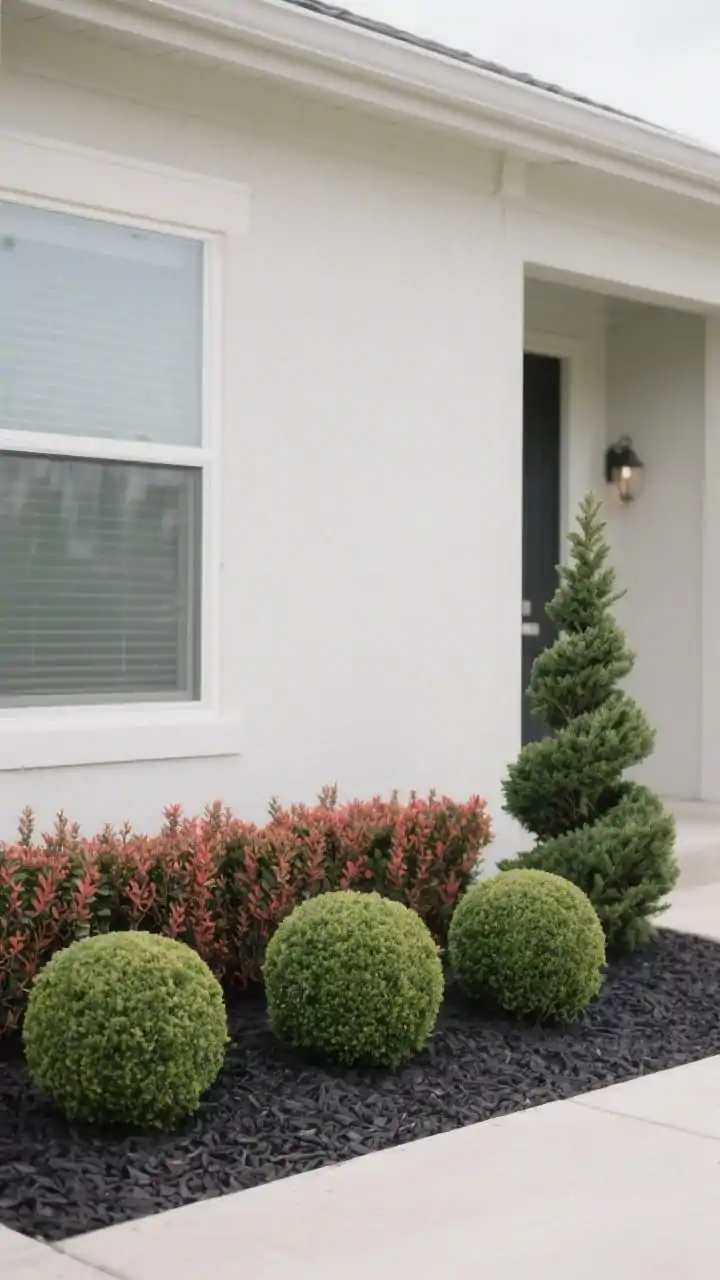 Photorealistic medium shot of a compact foundation planting featuring evergreen structure: a trio of boxwood spheres (dwarf variety) in front, a staggered row of dwarf yaupon behind, and a single small conical spruce as a mid-height accent near the entry. Plant groupings in odd numbers (3 and 5), layered heights for depth, set in dark mulch against a light-colored facade. Overcast daylight for even tones, straight-on view that emphasizes year-round form and balance.