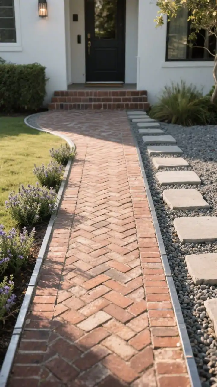 Photorealistic medium shot of a defined walkway that directs to the front door: slim brick herringbone path aligned straight to the entry, edges neatly finished with metal edging. Flanking areas show stepping stones set in gravel transitioning to a small patch with concrete pavers interplanted with creeping thyme. Gentle path curve allowed near the stoop but no zigzags. Late afternoon light raking across the bricks to reveal pattern and texture; slightly off-center composition accentuating directionality.