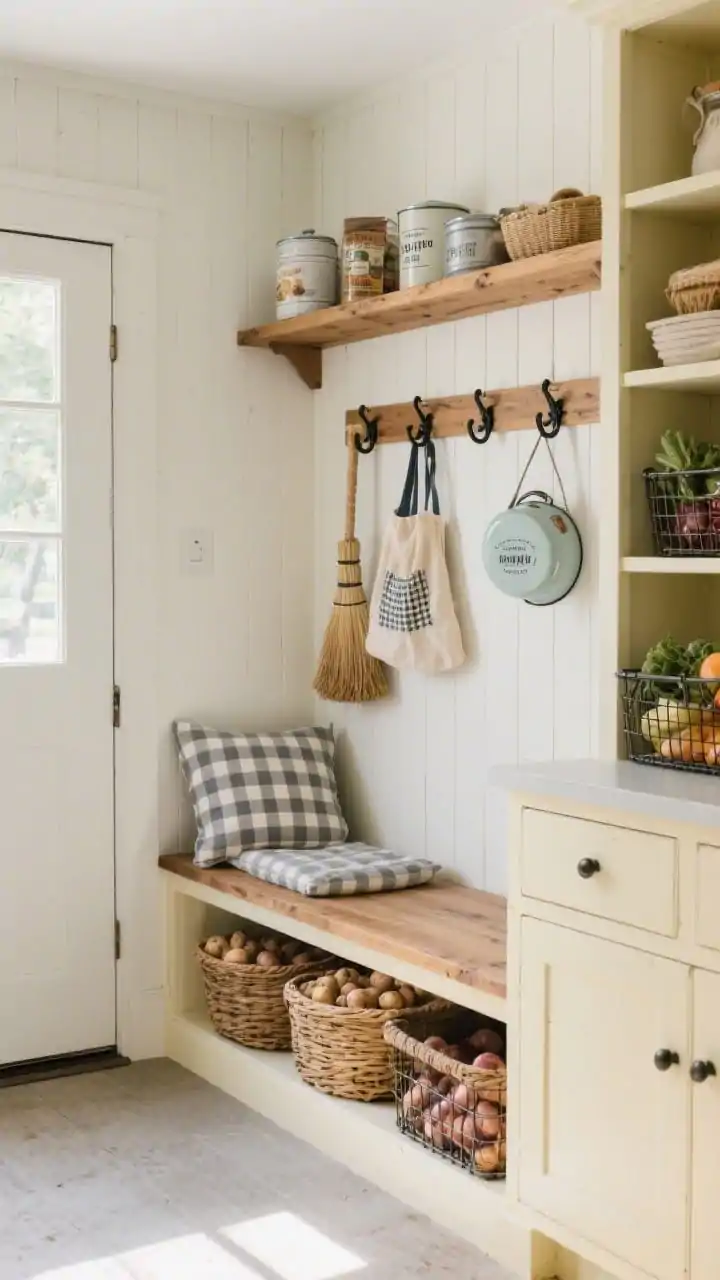 Photorealistic medium shot of a farmhouse mudroom-meets-pantry along an entry wall, straight-on: built-in bench with gingham cushion, Shaker lower cabinets painted buttery cream, open shelves above backed by tongue-and-groove paneling; oak peg rails holding aprons, market bags, and a pretty broom; storage includes deep baskets for potatoes/onions, lidded tins for pet food, wire crates with produce; accents of black iron hooks and vintage enamelware; soft natural daylight, color palette of cream, warm oak, soft gray; rustic, tidy, practical feel.