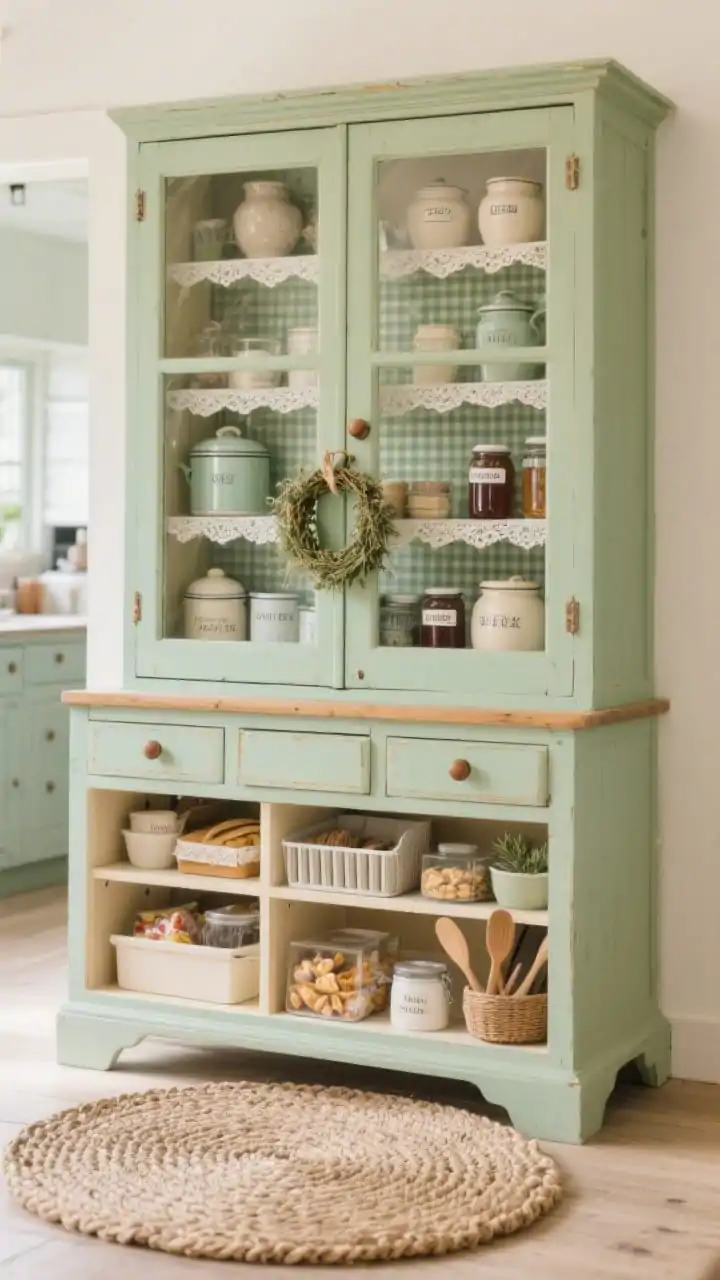 Photorealistic medium shot of a freestanding vintage cottage cupboard used as a pantry: exterior painted cheerful sage (with buttercream undertones visible in highlights), warm wood knobs, glass upper doors revealing stoneware crocks, enamel tins, and labeled jam jars; interior lined with gingham contact paper and lace-edge shelf liners; lower half with roller drawers slightly open showing organized snacks and baking tools; a tiny dried herb wreath hanging on the door; a round braided rug anchoring the piece; soft daylight for a sweet, nostalgic cottage feel; straight-on view like a styled focal point in an open-plan kitchen.