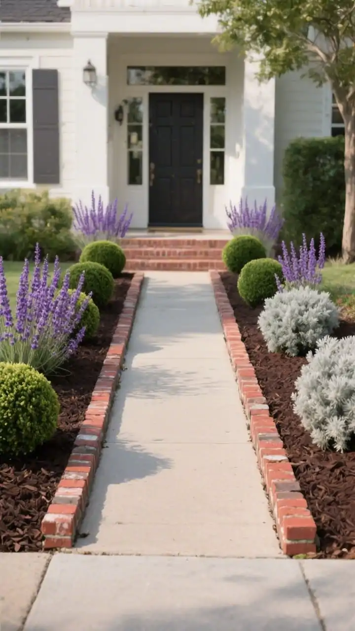 Photorealistic medium shot of a front walkway leading to a front door, framed by crisp, straight edging made from salvaged red bricks set level and tight. Repeating plant rhythm along both sides: alternating trios of compact boxwood spheres, fragrant lavender spikes with purple blooms, and silvery dusty miller. Fresh, dark chocolate-brown mulch covers the beds for high contrast and a “finished” look. Straight-on perspective from the sidewalk toward the door, soft afternoon natural light, no people, emphasize symmetry, clean lines, and the organized repetition of plants.