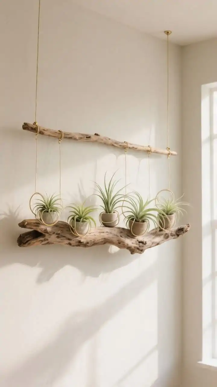 Photorealistic medium shot of a horizontal driftwood piece suspended by thin brass wire on a light sand-colored wall, styled as an air plant gallery; 3–7 tillandsias in varied sizes cradled in soft wire loops attached along the wood, organically clustered; no soil or pots; natural textures and pale green hues of the plants; bright, indirect window light from the side, crisp shadows, airy and low-maintenance vibe.