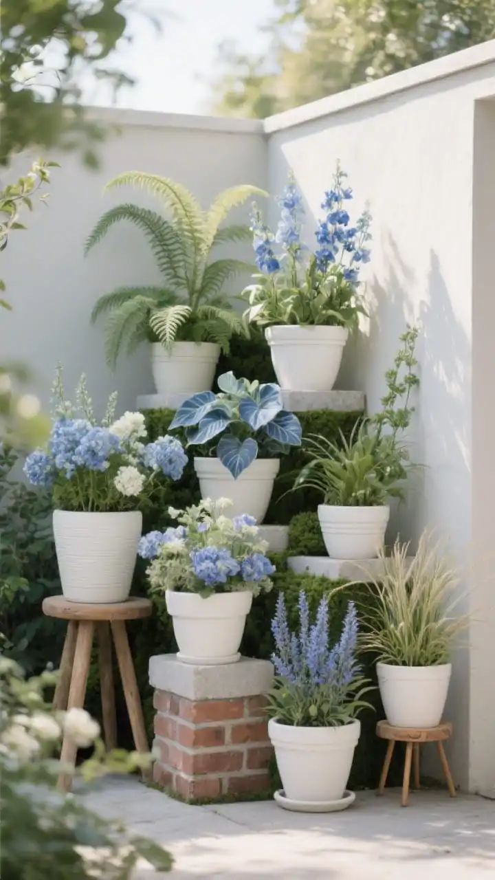 Photorealistic medium shot of a layered pot display forming a living mosaic in a garden corner: pots arranged at varied heights using stools, bricks, and mini plant stands; cool whites and blues color story in blooms, with mixed foliage shapes frilly ferns, glossy hostas, and spiky ornamental grasses; rule-of-odds grouping (five pieces), repeated pot finish to unify, with visible spacing for airflow; soft morning light, three-quarter angle emphasizing height variation and texture contrast