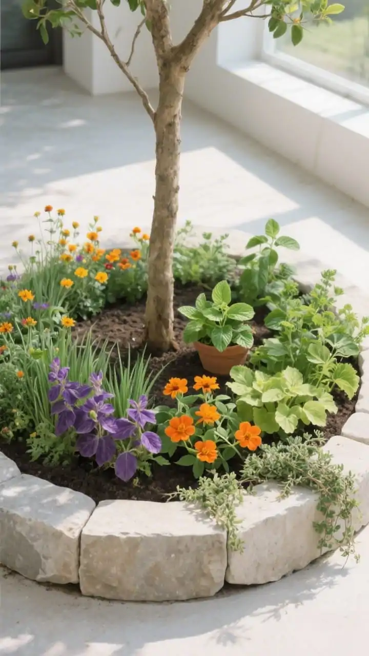 Photorealistic medium shot of a low raised ring bed circling a young tree, constructed from untreated stone with a clear gap around the trunk; light, airy soil visible; edible flowers and herbs mixed: marigolds, nasturtiums, chives, basil, with edge-spilling thyme; shade-tolerant herbs like parsley and sorrel on the shadier side, mint contained in a partially buried pot; color-coded palette featuring purple basil, orange nasturtium, and lime heuchera; bright, clean daylight, slight corner angle