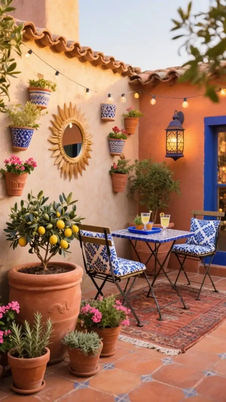 Photorealistic medium shot of a Mediterranean courtyard nook on a small patio at golden hour: clustered oversized terracotta planters with dwarf lemon and olive shrubs, smaller clay pots of rosemary and thyme, geraniums for color; warm palette of rust, coral, and ochre with cobalt-blue accents; a folding wrought-iron bistro set with patterned blue-and-white cushions beside a terracotta-tile surface or terracotta-toned outdoor rug; Moroccan lanterns and string lights beginning to glow; ceramic wall planters on a stucco wall, a sunburst wall mirror reflecting light, and a blue tiled tray with drinks on the bistro table; straight-on angle capturing the intimate, transportive charm.