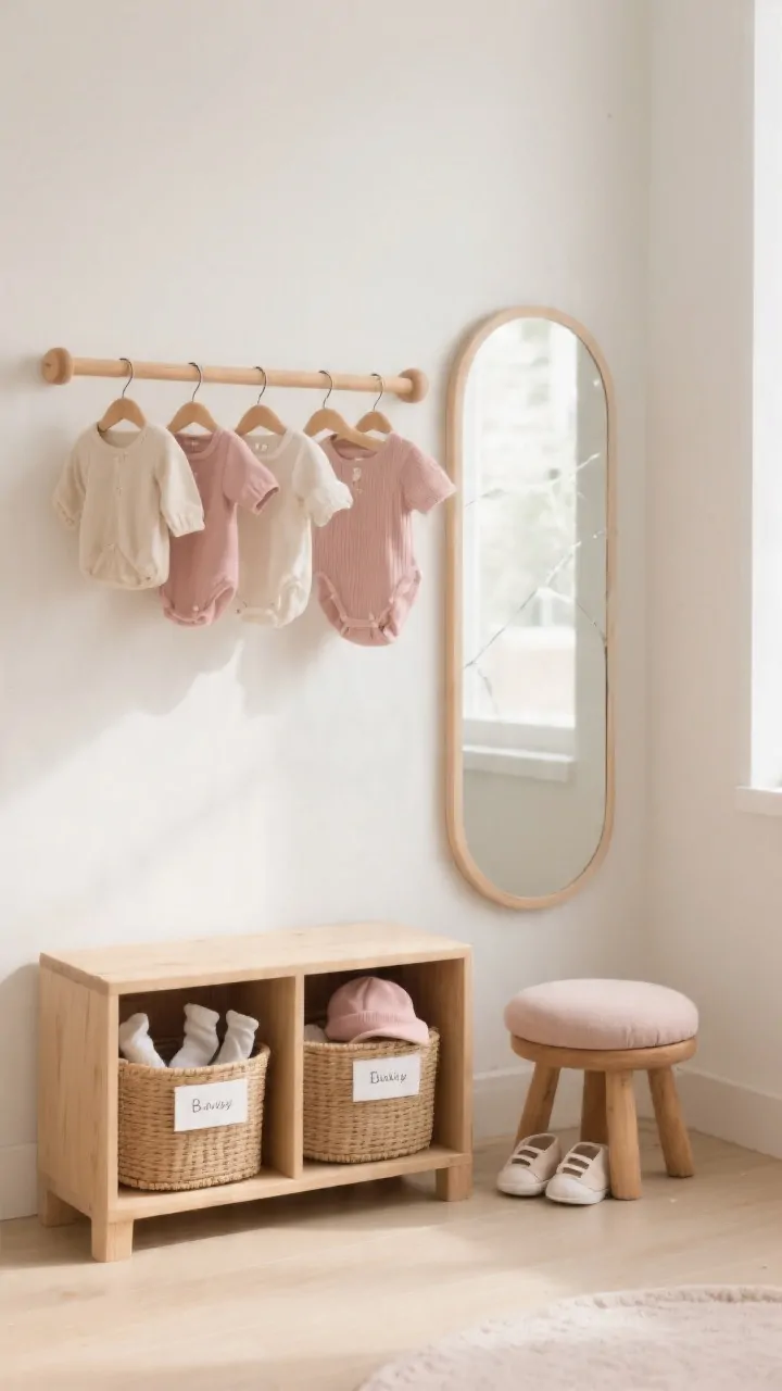 Photorealistic medium shot of a mini wardrobe at baby height: a low natural-wood rod with exactly six matching hangers displaying a few simple baby outfits in soft neutrals and dusty rose; two labeled baskets below one for socks, one for soft shoes or hats, with picture labels; a shatter-resistant mirror mounted at floor level beside the wardrobe; a tiny wooden stool or round floor cushion positioned for putting on shoes; warm white/oat wall, clear floor space; soft morning light; clean, organized layout that signals independence; straight-on view focusing on functional details.
