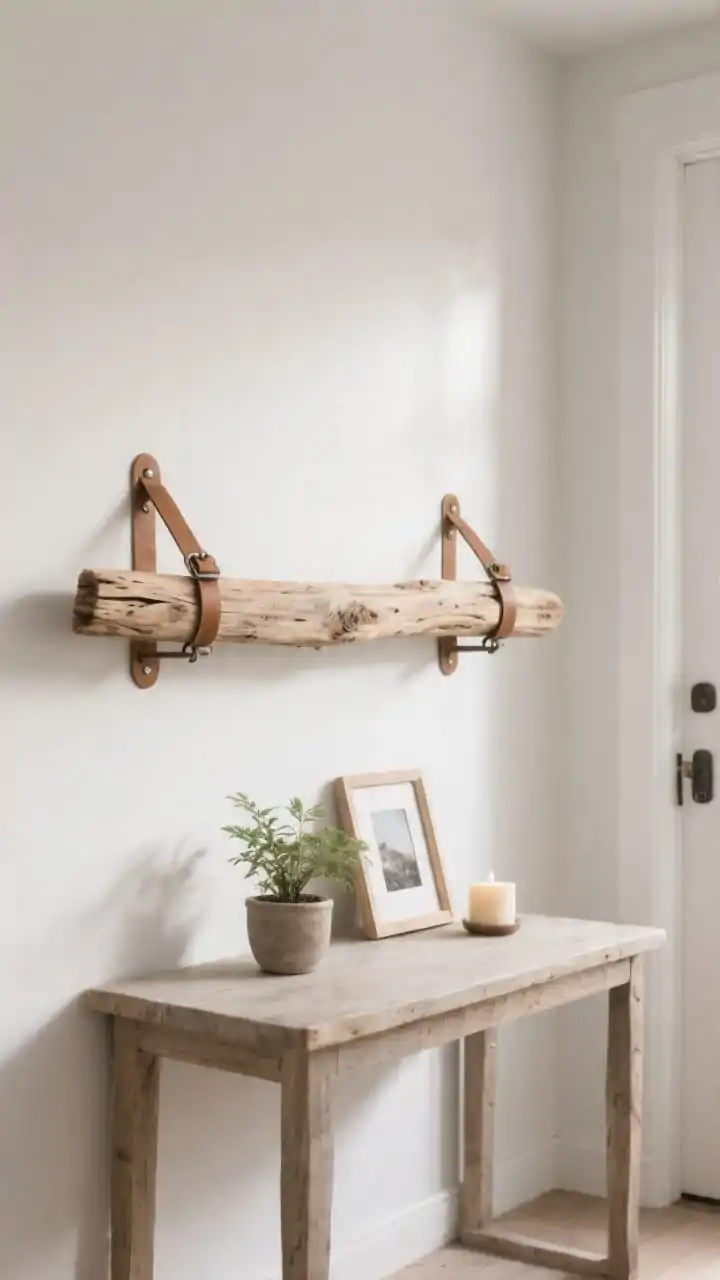 Photorealistic medium shot of a minimalist driftwood floating shelf mounted over an entryway table on a matte white wall; a flat, sun-bleached driftwood plank (3–4 inches deep) is held by simple tan leather strap brackets with visible wall screws and sturdy hooks, perfectly level; styled lightly with a small potted plant, a single framed photo, and one candle; neutral palette with natural textures, soft morning light creating gentle shadows; rustic-meets-modern vibe.