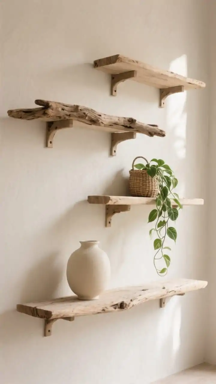 Photorealistic medium shot of a minimalist wall with staggered driftwood shelf ledges functioning as display shelves; sturdy, flat, thick driftwood branches mounted with concealed brackets for a floating effect; two or three ledges spaced loosely and irregularly; styled with a tight palette: creamy ceramics, a small woven basket, and a single trailing pothos for jungle-meets-beach vibes; wall in soft sand, matte texture; gentle indirect daylight creating clean, airy shadows; focus on the functional art look.