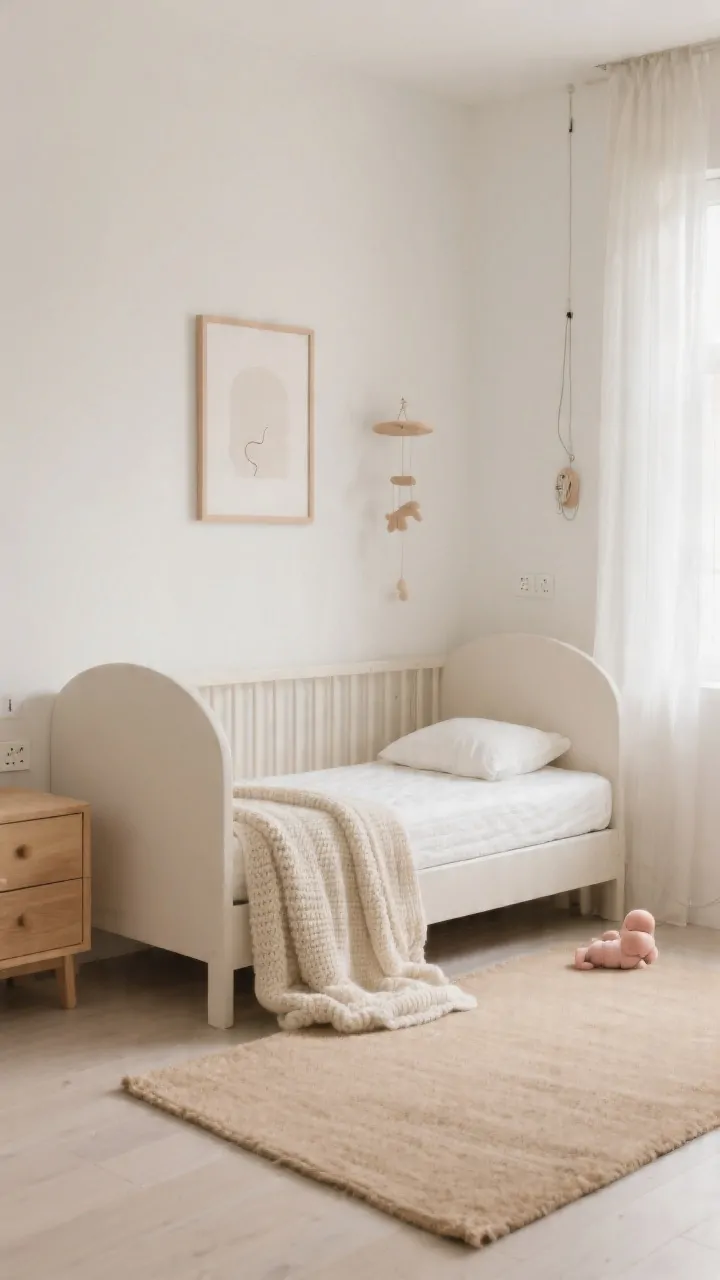Photorealistic medium shot of a Montessori baby sleep zone: a low floor bed with rounded edges using a breathable, firm crib mattress, set on a safe, ventilated slat base; warm white walls with a single subtle mobile or one minimalist piece of wall art above the bed; a soft oat-colored rug placed beside the bed for gentle landings; cotton fitted sheet in warm white, with a folded muslin blanket (for older babies) and a chunky knit throw arranged for supervised snuggles; natural light diffused by sheer curtains; visible safety details like wall-mounted cord management, anchored light-wood dresser, and covered outlets; calm, uncluttered composition, neutral palette with cozy textures, straight-on angle.