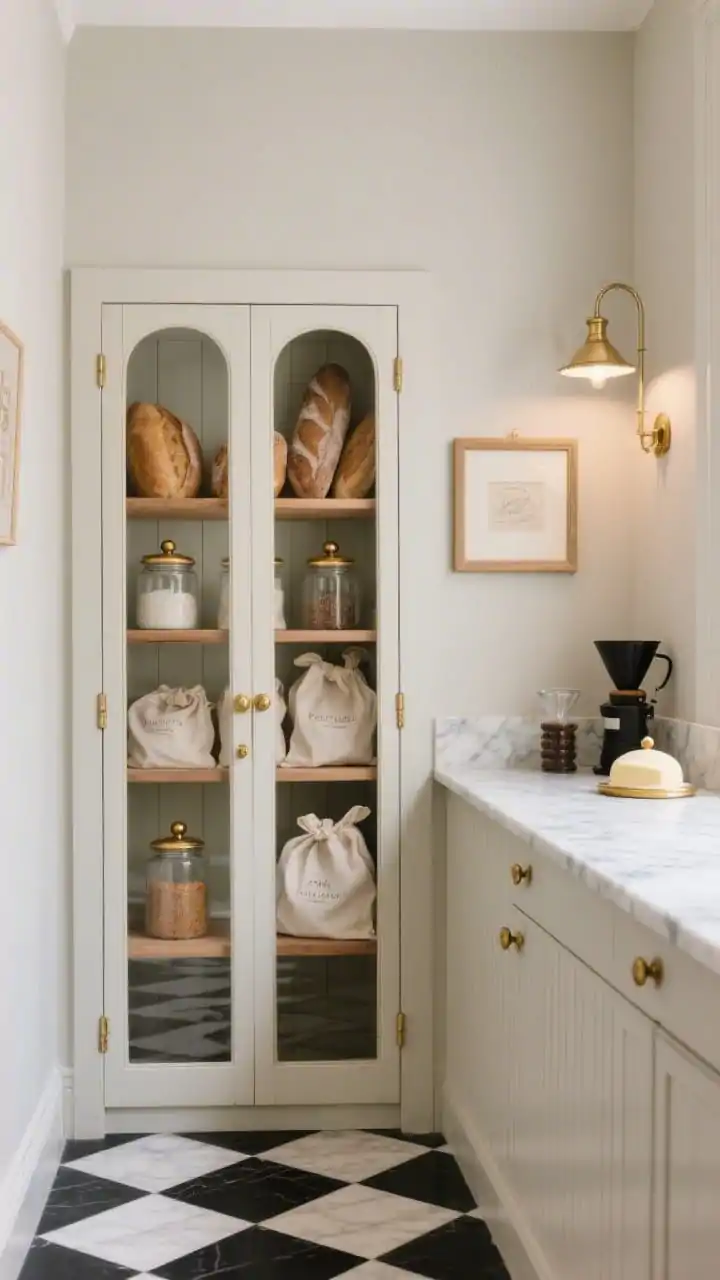 Photorealistic medium shot of a Parisian boulangerie-inspired corner pantry: creamy greige paint, fluted glass doors with delicate antique brass trim, open white oak shelves inside holding loaves in linen bags and glass canisters topped with brass knobs. A slim carrara marble landing shelf along the adjacent wall with coffee gear and a butter dome. Petite brass picture light above the pantry casting warm glow; black-and-ivory checkerboard floor tile underfoot. Keep colors tight: cream, oak, brass, whisper of black; elegant front-on angle.