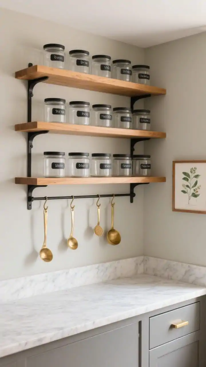 Photorealistic medium shot of a petite modern apothecary pantry niche: honey-toned oak floating shelves against a soft greige painted wall, rows of clear glass canisters with matte-black lids neatly labeled in uniform serif fonts, a narrow marble-look laminate counter for decanting, slim black shelf brackets, a slim rail with brass hooks holding scoops and measuring spoons, a single shallow drawer with a brass pull, and a small framed botanical print; calm boutique-grocer vibe with soft, even natural light emphasizing warm wood, greige, matte black, and brass accents; straight-on perspective emphasizing order and visibility.