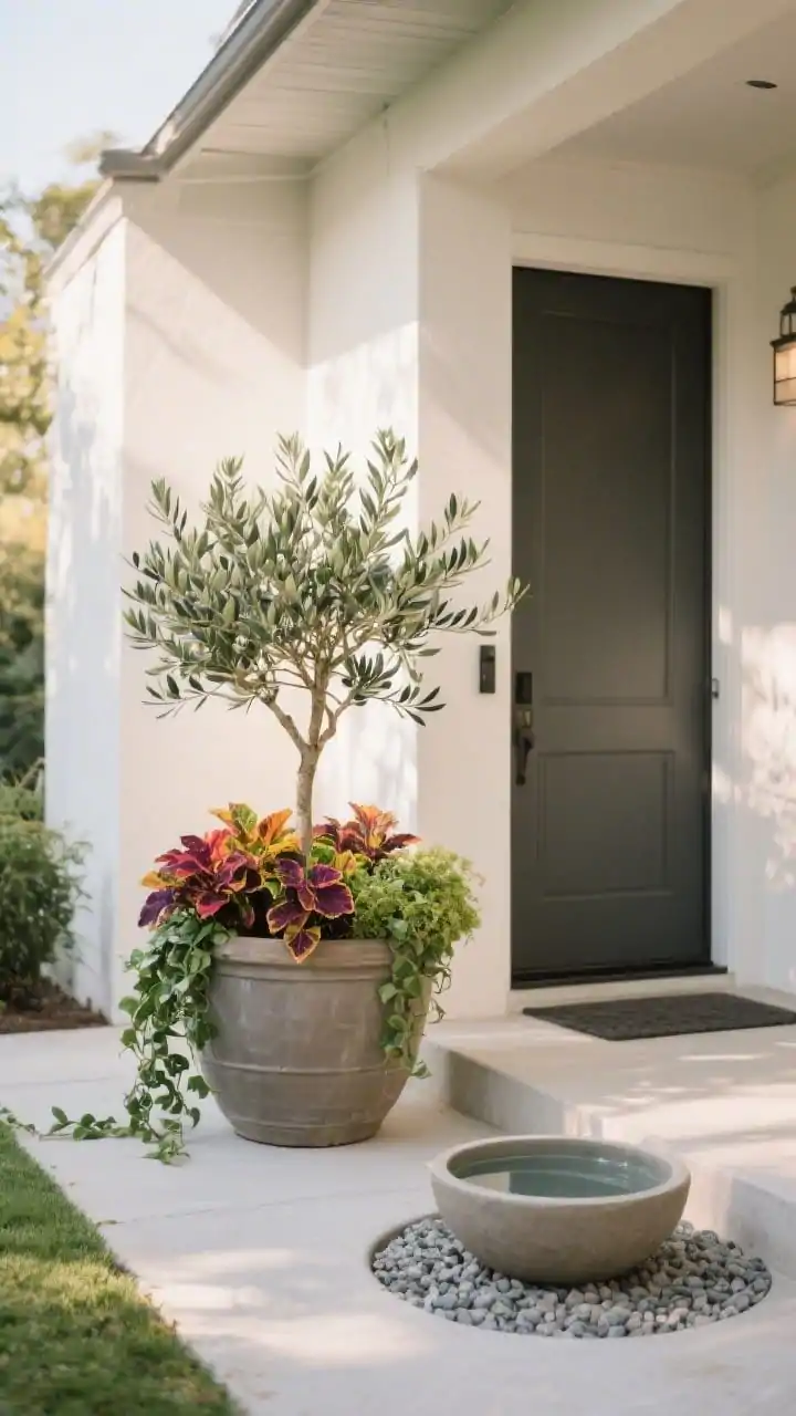 Photorealistic medium shot of a restrained entry focal point: a single large statement pot by the front door featuring a thriller-filler-spiller arrangement dwarf olive tree as the thriller, vibrant coleus as the filler, and trailing ivy spilling over the rim. Adjacent is a simple, shallow water bowl set within a circular gravel ring to look purposeful, but scaled modestly for a small yard. Soft morning light, front-corner angle framing the door and focal elements without clutter.