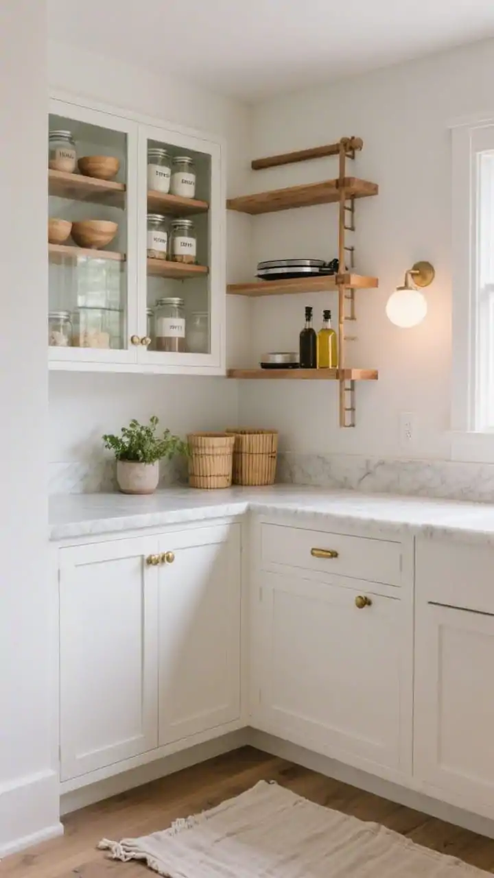 Photorealistic medium shot of a Scandinavian corner pantry tucked into a 90-degree niche: matte white shaker lower doors with a glass-front upper displaying neatly labeled jars and pale wood bowls, warm oak shelves inside, nearby white quartz counters, brushed brass knobs catching soft dusk light. Include a slim rail-mounted oak ladder sliding along the top, tiered turntables with oils, bamboo bins, a petite herb pot, a linen runner on the floor, and a soft globe sconce glowing warmly. Airy, calm palette; straight-on corner angle.