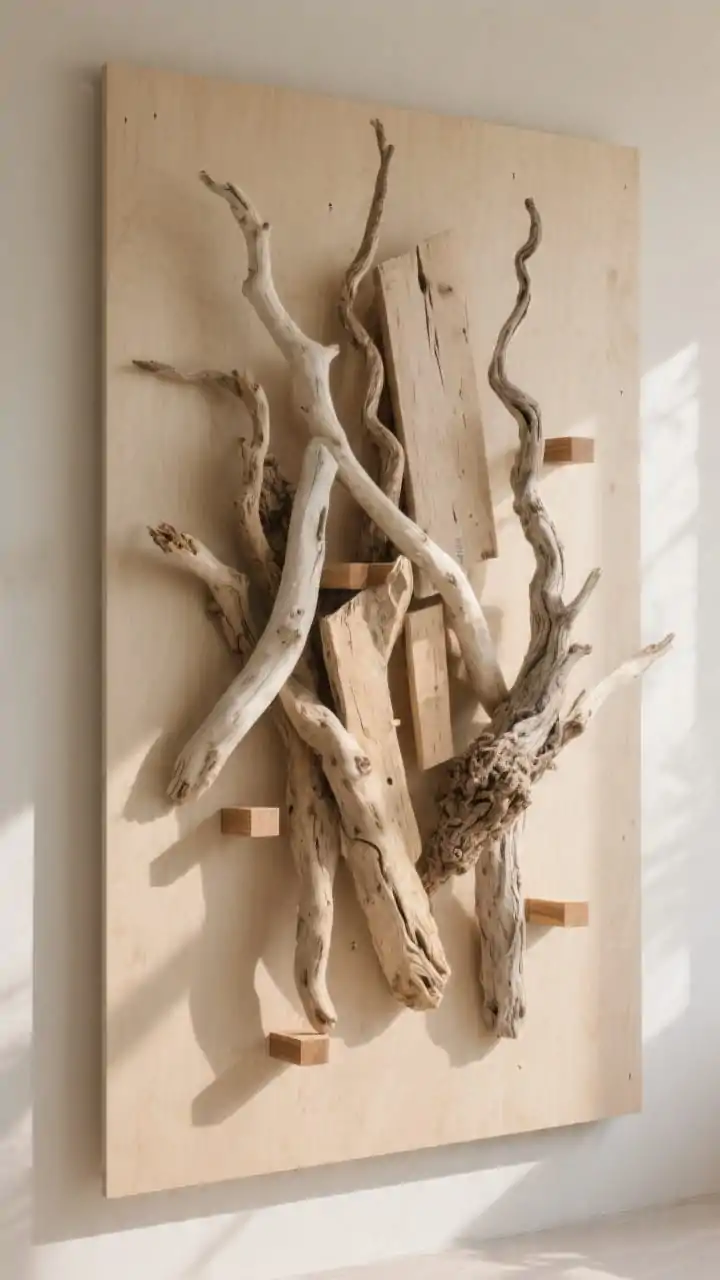 Photorealistic medium shot of a sculptural driftwood assemblage mounted on a slim plywood panel painted the same sand-toned color as the wall so it disappears; a mix of curvy branches, flat planks, and knotty pieces arranged asymmetrically with intentional negative space, some pieces lifted on small wood spacers to cast soft shadows; subtle wood glue/brad-nail joins invisible; neutral Tulum palette of bone, oat, and sun-bleached wood; soft natural daylight from the left creating gentle movement and shadow depth; background minimal with no other decor to keep the focus on the organic, collected look.