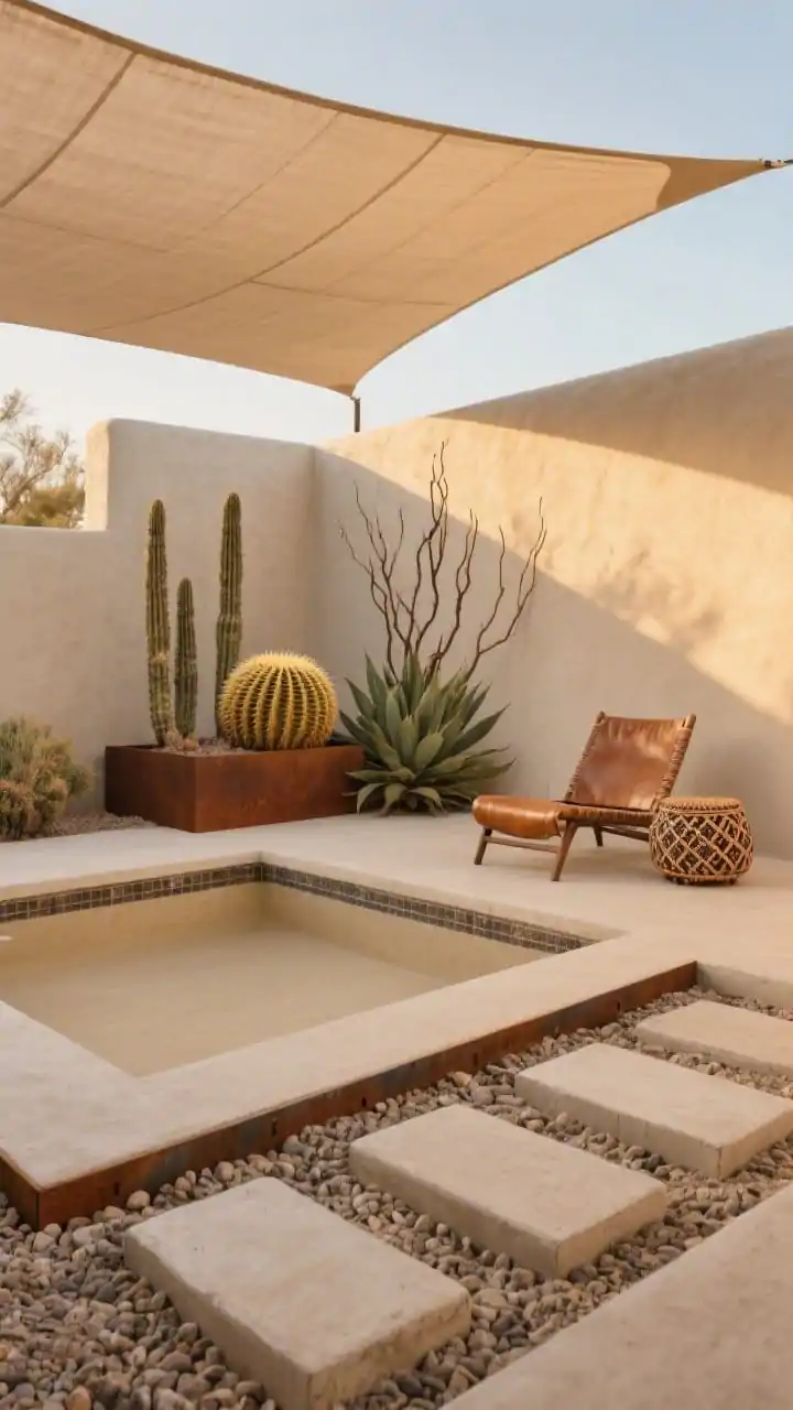 Photorealistic medium shot of a serene desert courtyard at golden hour: a low, smooth sand-colored plaster plunge pool embedded in a gravel courtyard, edged with raw steel trim and large concrete steppers. Sculptural drought plants golden barrel cactus, agave, and a trio of ocotillo inside a corten planter frame the scene. A canvas shade sail floats overhead, with a woven leather lounge chair and a small Moroccan stool nearby. Texture focus: microcement coping, rough gravel, soft canvas. Palette: bone, rust, sun-bleached tan, desert greens. Calm, spa-like mood, corner angle.