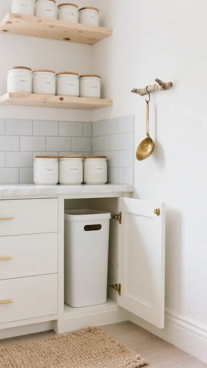 Photorealistic medium shot of a serene Scandinavian pet pantry nook: pale birch built-in shelves against matte white walls with soft gray grout subway tile backsplash, an oatmeal wool runner on the floor. On open shelves, neatly stacked matte white stoneware canisters with olivewood lids and minimal white-on-clear script labels; a slim pull-out cabinet ajar revealing a tall food bin; a small birch peg rail with a warm brass scoop hanging. Clean, uncluttered surfaces, warm natural daylight, color palette of white, birch, soft gray, and warm brass.