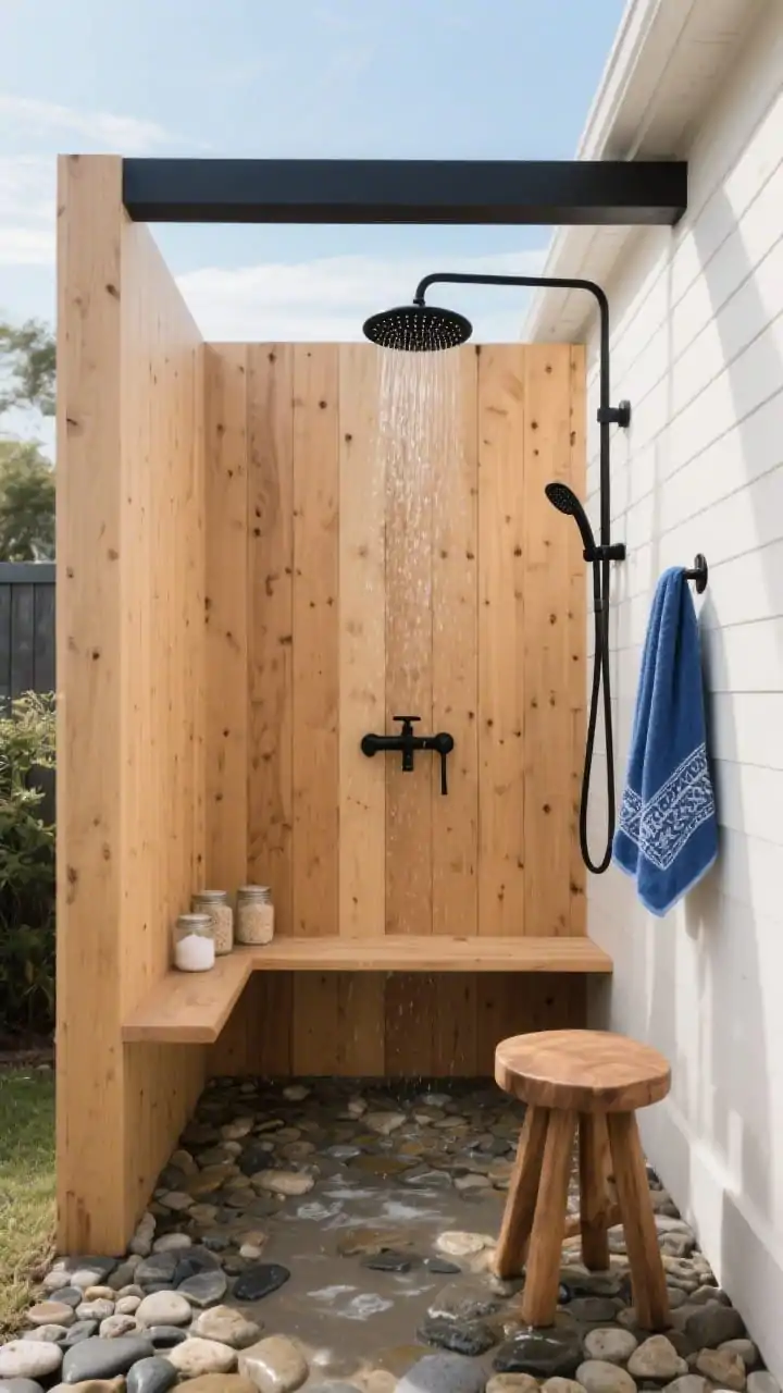 Photorealistic medium shot of a slim, three-sided outdoor cedar slat enclosure tucked in a side yard, vertical honey-toned cedar boards elongating the space; matte black rainfall showerhead dropping from a simple overhead beam, matching minimalist black mixer, and a single matte black wall hook with a marine-blue Turkish towel; river pebble floor underfoot with subtle wet sheen; small cedar ledge with salt-scrub jars and a teak corner stool; soft coastal daylight, sleek seaside minimalism, palette of warm cedar, matte black, and ocean blue
