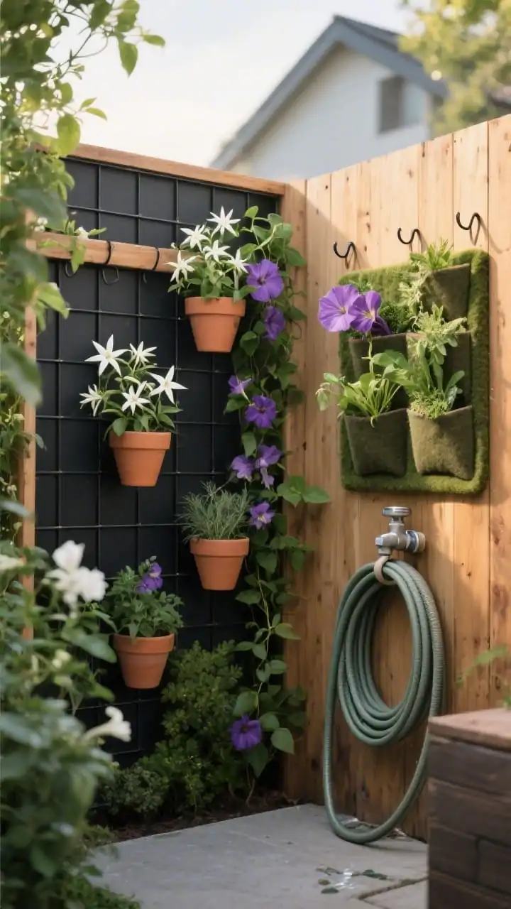 Photorealistic medium shot of a small backyard fence transformed into vertical greenery: a cedar fence covered with a matte black metal grid panel holding terracotta pots on S-hooks, a simple wooden trellis with fragrant white star jasmine and purple clematis climbing, and a modular felt pocket wall planter stuffed with herbs and trailing ivy; include a coiled hose and hose spigot nearby for easy watering; late afternoon soft natural light, shallow depth of field emphasizing lush foliage textures, greens with white and purple blooms, clean and intentional styling, no people