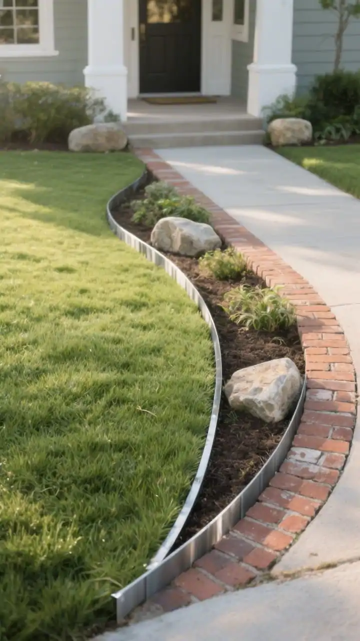 Photorealistic medium shot of a small front lawn entry framed with precise edging: sleek steel metal edging creating shallow, elegant curves around a tight grass strip, with a second run of crisp brick paver edging defining a planting bed; include a few natural stone pieces edging a cottagey corner for contrast. Show straight, clean lines, neatly mown grass, and a simple arc leading to the front walk. Soft morning light, low contrast shadows, no people, corner angle highlighting the sharpness and intentionality of the edges.