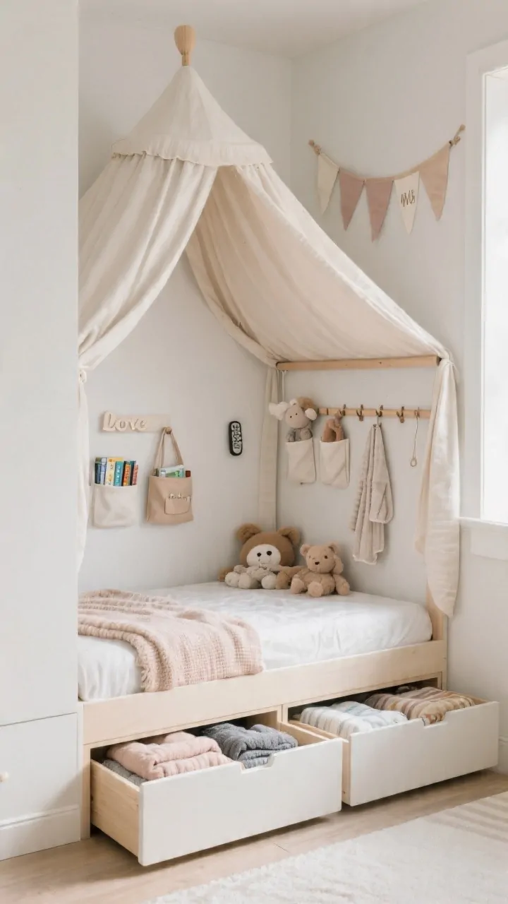 Photorealistic medium shot of a smart-storage canopy setup for a tiny room: low toddler bed with canopy drawing the eye upward; under-bed drawers partially open showing neatly stored blankets and stuffed animals; bedside peg rail holding a mini tote with bedtime books and a lightweight robe; fabric clip-on canopy pockets at the headboard for loveys and a small remote; vertical wall decor like a name banner and soft pennant; bright, organized, space-savvy look, no people, straight-on angle