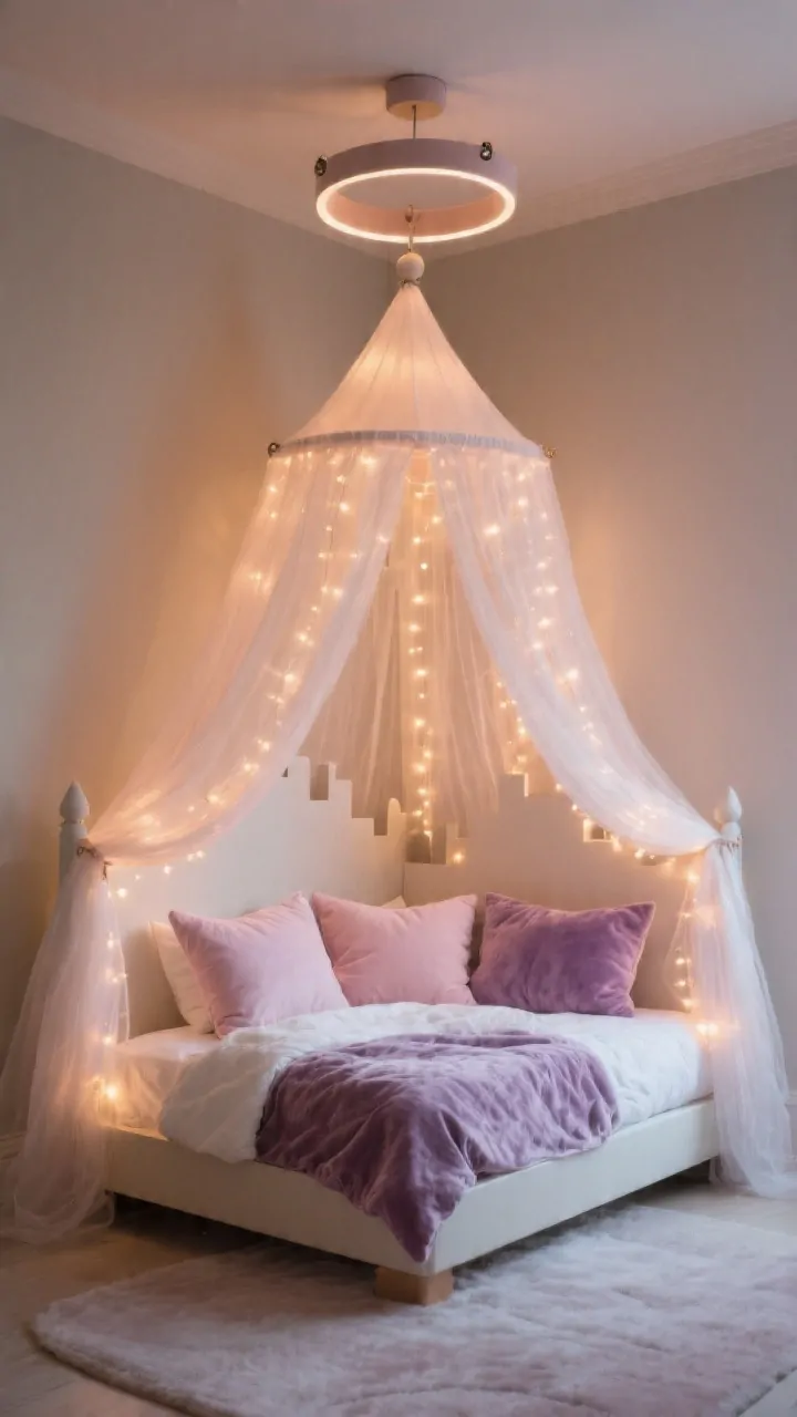 Photorealistic medium shot of a toddler canopy bed styled like a mini castle: sheer, gauzy voile canopy draping softly from a ceiling-mounted hoop with secure anchors, warm glow from cool-to-touch LED fairy lights woven through the fabric, plush duvet with velvet pillows in blush, lavender, and ivory on a low-profile bed; soft, warm ambient evening lighting that makes the canopy glow; neutral walls to keep focus on the ethereal canopy, no people, cozy fairytale mood