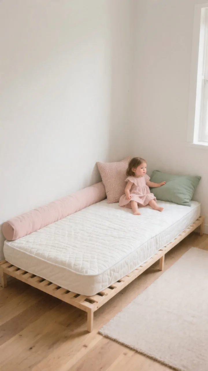 Photorealistic medium shot of a toddler girl’s Montessori floor bed setup: a firm twin mattress on a low slat base placed against a white wall, with soft bolsters along the wall side and a single long guard pillow at the open edge. Minimal, calm aesthetic with simple lines; layered washable quilt in warm white with subtle texture, and two textured pillows in blush and sage kept minimal for sleep safety. Natural wood floors, breathable underlay edge peeking slightly. Soft morning natural light, airy open space, no bulky frames, focus on freedom and cozy calm.