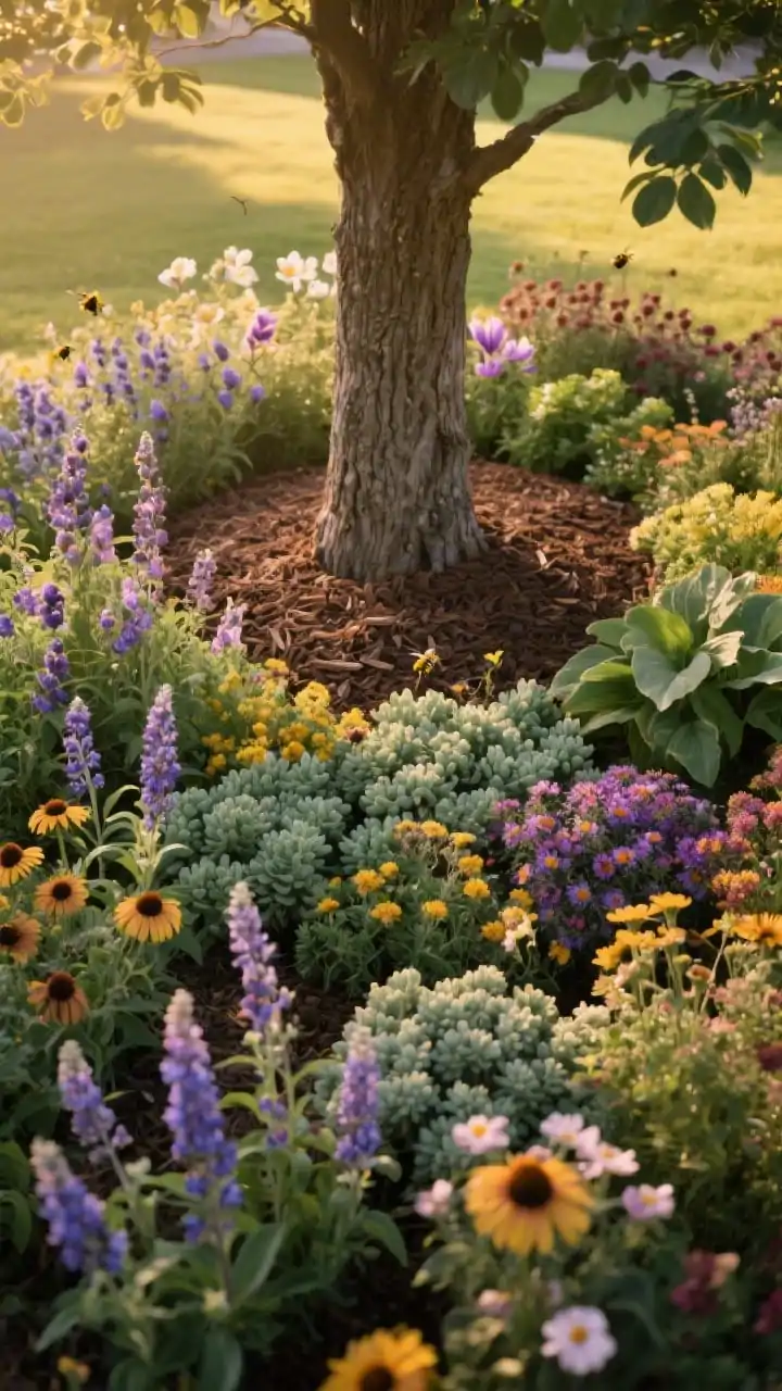 Photorealistic medium shot of a tree surround transformed into a pollinator buffet: layered perennial drifts around the trunk with a visible mulch ring pulled back from the bark; spring crocus and grape hyacinth, summer coneflower and salvia, fall asters and sedum arranged for sequential bloom; under partial shade with a few hosta and lamium tucked into darker spots; 2–3 inches of natural mulch for moisture; warm golden-hour light highlighting blooms and gentle movement, slight overhead angle to show planting layout