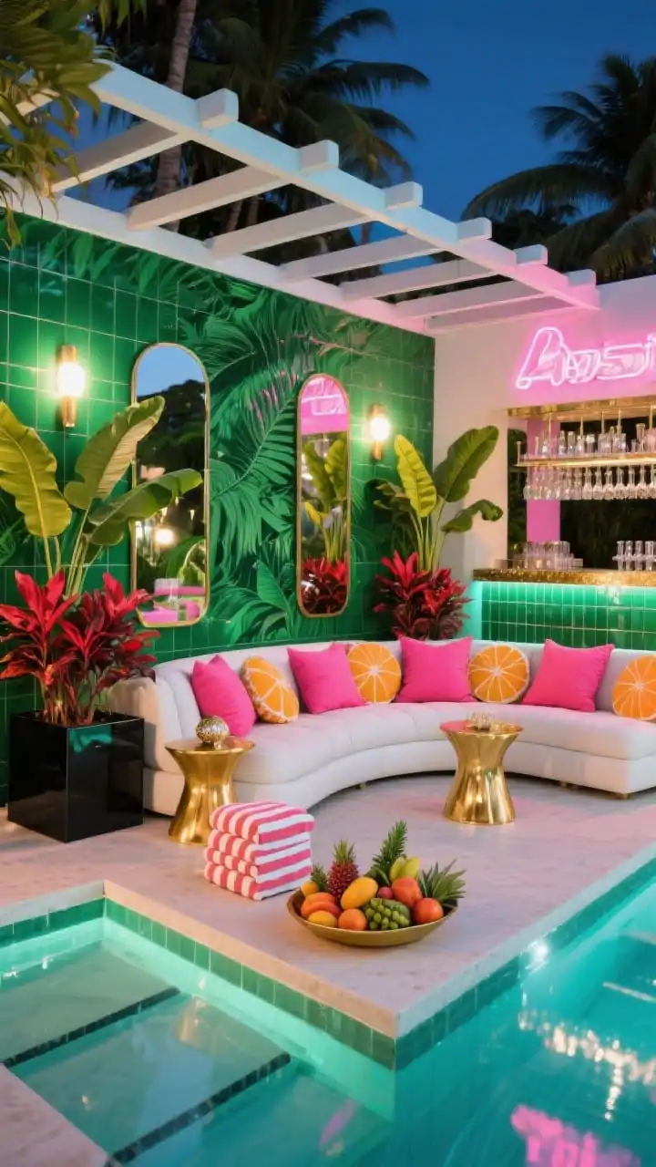 Photorealistic medium shot of a tropical glam lounge geared for a pool party: a glossy emerald-tiled or jungle-green painted feature wall with outdoor-safe mirror panels tucked between planters to bounce light. Bold plantings of banana leaves, red ti plants, and croton; neat edges with lacquered white or black box planters framing the scene. Sculptural white chaises and a curved sectional piled with hot-pink and citrus-toned pillows; gold-toned side tables. A neon sign under a pergola and a glossy bar with sparkling glassware. Color-changing LED pool lights and dramatic leaf spotlights at night; striped cabana towel stack and a giant tray of tropical fruit; no people.