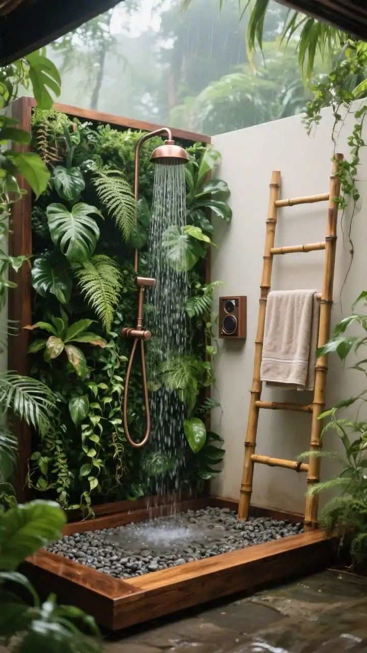 Photorealistic medium shot of a tropical outdoor shower featuring a full vertical garden panel packed with ferns, philodendrons, and trailing pothos; slim teak platform over a gravel bed where water disappears; oil-rubbed bronze overhead rainhead with matching handheld; a bamboo ladder leaning as towel storage with a neutral towel; a small outdoor-safe speaker tucked behind foliage; lush, humid morning light, boutique rainforest bungalow vibe, palette of deep greens, warm teak, and bronze