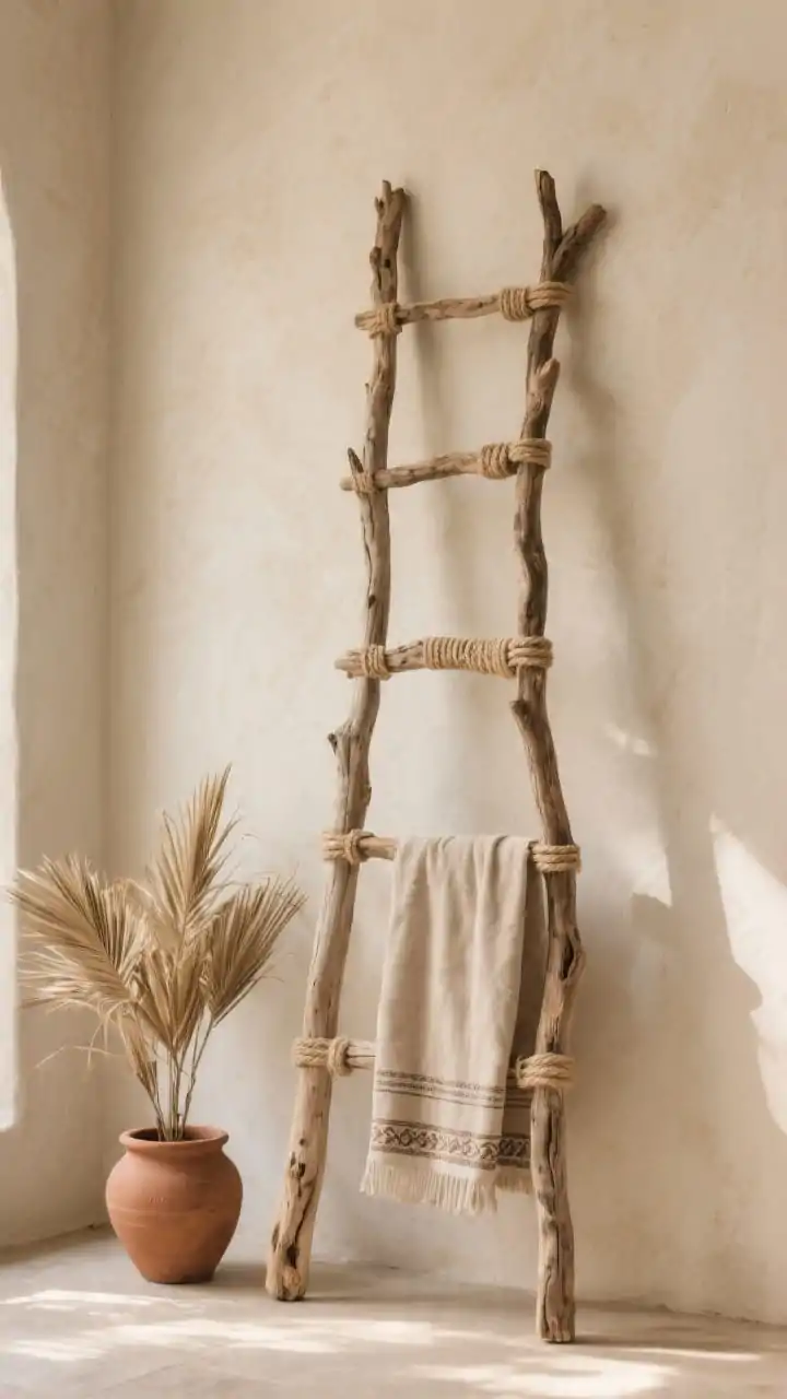 Photorealistic medium shot of a wabi-sabi driftwood ladder leaning casually against a bone-colored wall; two longer, naturally bent side branches with three to five thinner rungs lashed using jute or linen rope; lightly sanded and sealed in a matte water-based finish; styled with a neatly draped neutral Turkish towel and a small bunch of dried fan palms; terra-cotta pot on the floor nearby; soft, late-afternoon warm lighting enhancing texture and vertical presence without wall damage.