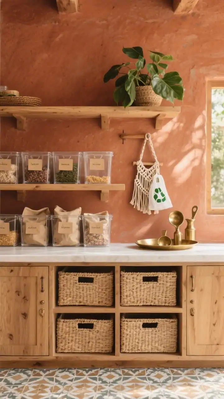 Photorealistic medium shot of an earthy boho pantry: sun-baked terracotta walls, floating oak shelves, and patterned Moroccan tile flooring. Lower cabinetry with rattan-front doors subtly reveals airflow while hiding bulk food bags. The middle shelf lined with clear glass crate boxes, each tagged with simple kraft labels; a woven macramé hanger holding a roll of compostable poop bags; a low hammered brass tray corralling scoops and droppers; a leafy plant on the top shelf. Warm, layered natural light; colors of terracotta, natural oak, rattan beige, brass, and leafy green.