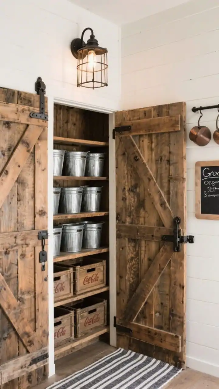 Photorealistic medium shot of an industrial farmhouse corner pantry: two reclaimed oak doors meeting at the corner with X-cross bracing and matte iron strap hinges. Inside, sturdy pine shelves hold galvanized bins and vintage-style soda crates sliding like drawers. Warm white walls and dark hardware for contrast; a caged industrial sconce over the doors lit for grit; neighboring wall-mounted pot rail visible. Add a black-and-ivory ticking stripe runner and a small slate board with chalk grocery notes. Slight low-angle corner perspective.