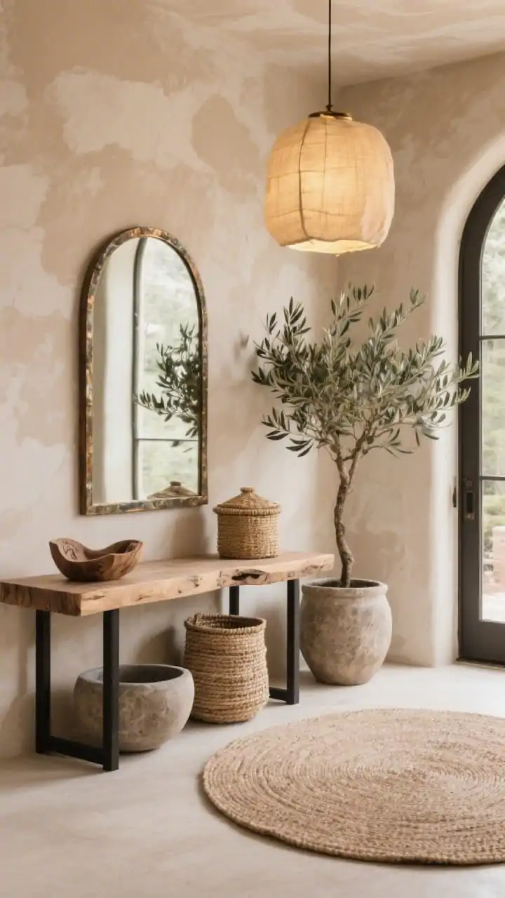 Photorealistic medium shot of an Organic Modern entry sanctuary: limewash walls in mushroom beige (or clay terracotta) with soft, cloudlike texture; a chunky live-edge console on black metal legs; rounded jute rug; large arched mirror framed in aged bronze; olive tree in a textured planter beside the console; lidded seagrass baskets tucked beneath; stone bowls and a carved wooden catchall styled on top; a warm linen pendant overhead creating a soft golden glow; earthy, tactile ambiance.