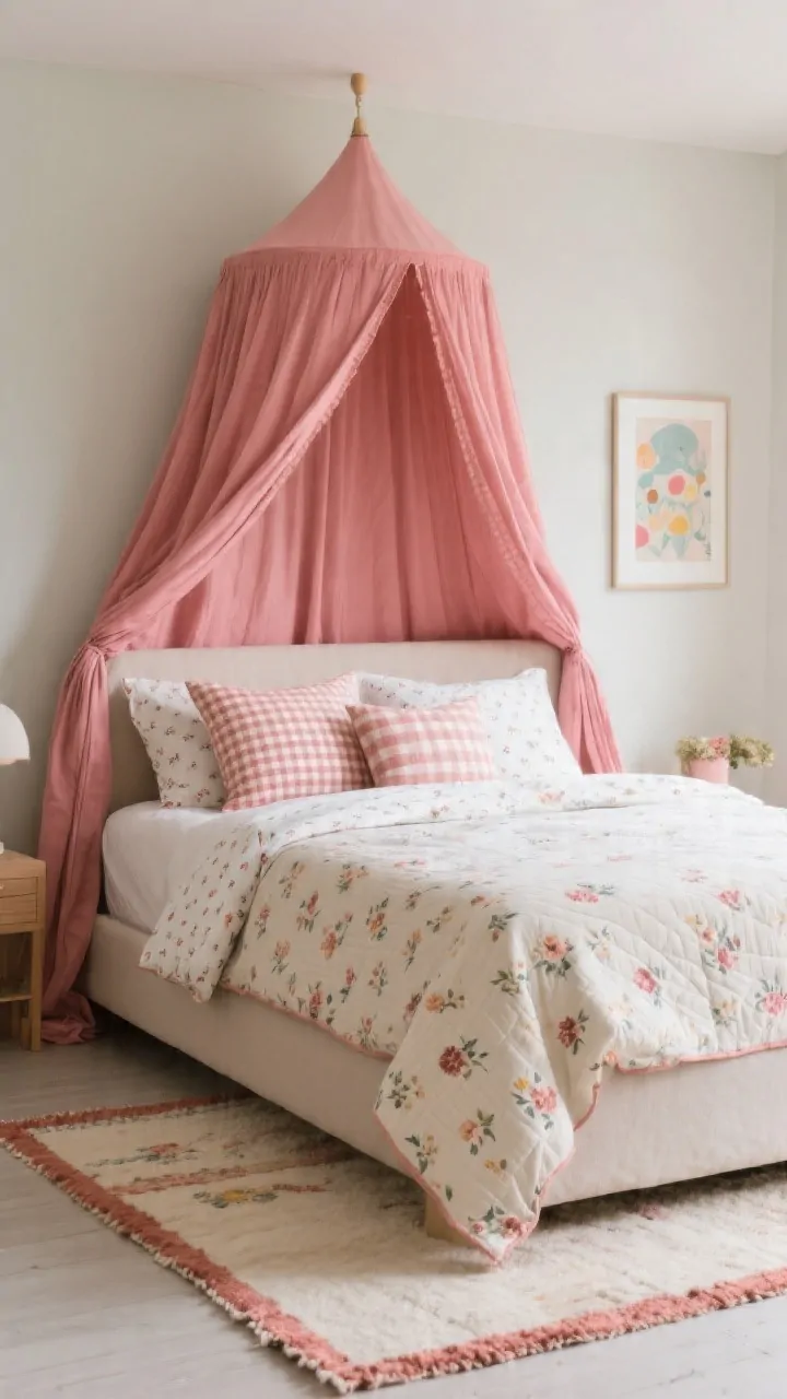 Photorealistic medium shot showcasing color pop and pattern play: a dusty rose canopy as the bold focal point over a low bed; two subtle patterns layered on bedding small-scale gingham pillow and ditsy floral sheets; a neutral quilt grounding the look; repeated canopy color echoed in rug trim and a small piece of wall art; balanced, playful composition with soft, even lighting; straight-on view, tidy and cohesive, no people