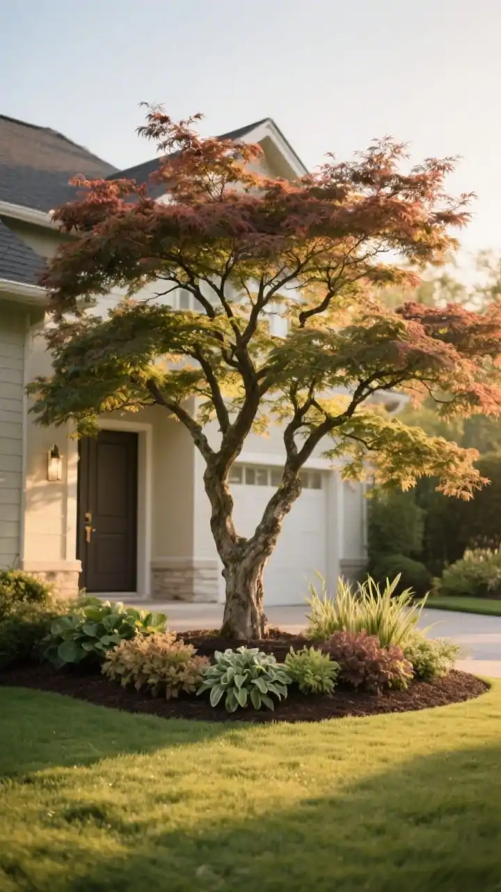 Photorealistic medium shot, slight off-center composition highlighting a statement ornamental tree placed by the rule of thirds in the front yard: a sculptural Japanese maple with layered branches and rich foliage, carefully sited to frame the house without blocking the door; underplanted with heuchera, hosta, and liriope for contrasting textures and colors; clean lawn and simple mulch ring; golden-hour side light emphasizing the tree’s structure and leaf translucence, no people.