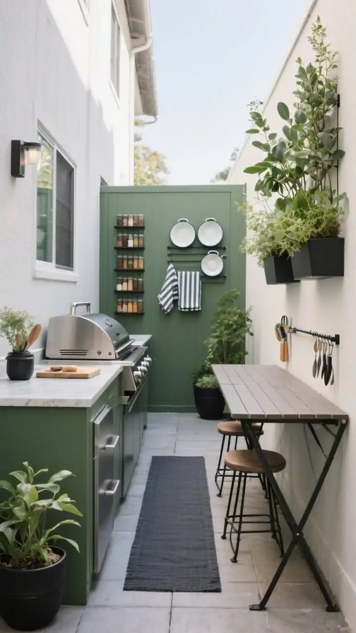 Photorealistic medium shot, slimline grilling galley on a narrow patio: along one wall a compact grill station with a slim prep surface and vertical spice rack; opposite side a drop-leaf table partially folded with stools tucked underneath; magnetic rails holding utensils keep counters open; a charcoal washable runner grounds the walkway; wall-mounted herb garden in eucalyptus green tones; accessories include enamelware serve set, striped tea towels, matte-black planters; color palette graphite, stainless, eucalyptus green; bright functional daylight, straight-on angle emphasizing linear efficiency
