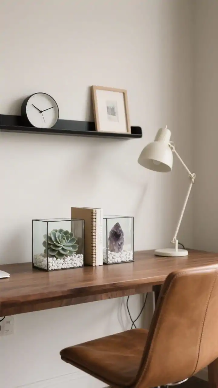 Photorealistic medium shot, straight-on of a minimal home office desktop vignette on a warm walnut desk: two glass terrarium bookends cradling notebooks. Inside each clear bookend: white gravel, a single echeveria rosette, and a smoky quartz chunk sculptural and precise. Above, a slim black wall shelf holds only a clock and a small framed print. A matte ivory lightweight task lamp and a camel leather chair add warmth. Soft, controlled lighting; cables hidden; clutter-free focus.