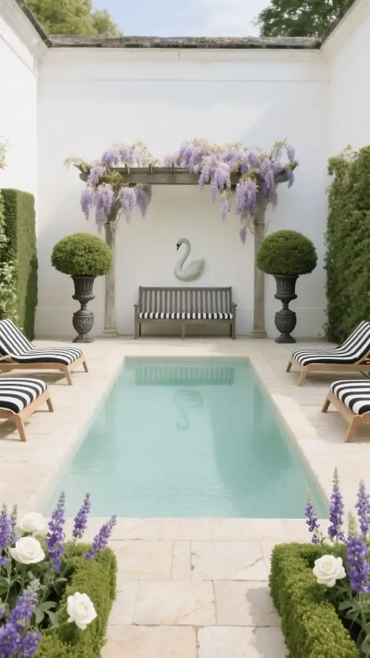 Photorealistic medium shot, straight-on symmetry, of a classic English garden pool room: a simple rectangular pool framed by creamy limestone pavers and perfectly clipped box hedges. White roses, delphiniums, and lavender line the border. Black-and-white striped loungers face the water; cast-iron urns and symmetrical topiaries anchor each pool corner. A slatted garden bench rests beneath a wisteria-draped pergola; a swan-neck fountain arcs gently into the pool. Palette: soft white, sage, lavender, limestone cream. Materials: limestone, iron, teak, cotton stripe.
