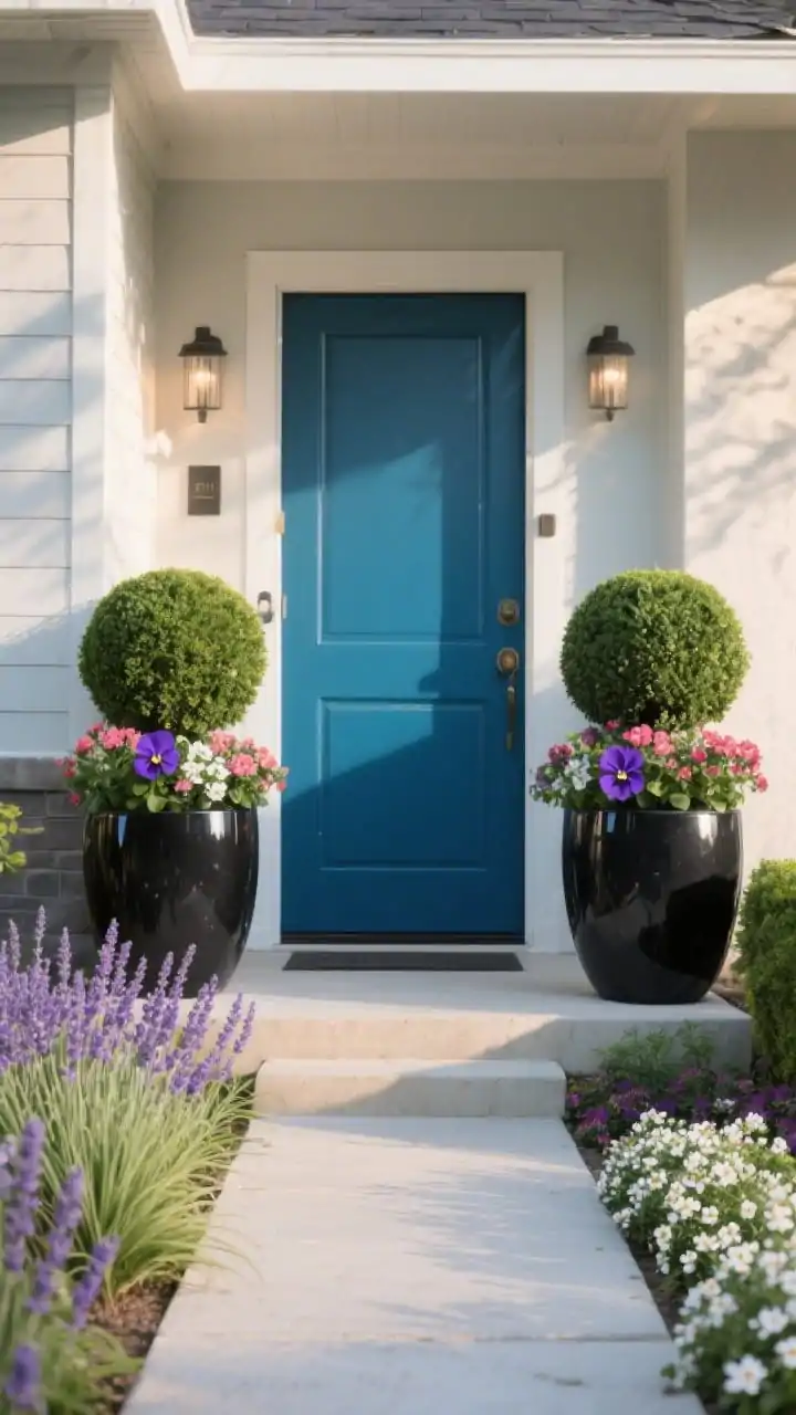 Photorealistic medium shot, straight-on view of a front entry framed like a main event: symmetrical glossy black fiberstone planters flanking a bold front door, each with matching boxwood balls; walkway edges lined with low growers lavender, mondo grass, and sweet alyssum for soft borders; seasonal annuals in the home’s accent color (pansies and geraniums) tying to the door paint; containers chosen to match a modern vibe; late afternoon natural light, no people, crisp textures of foliage and smooth planter surfaces.
