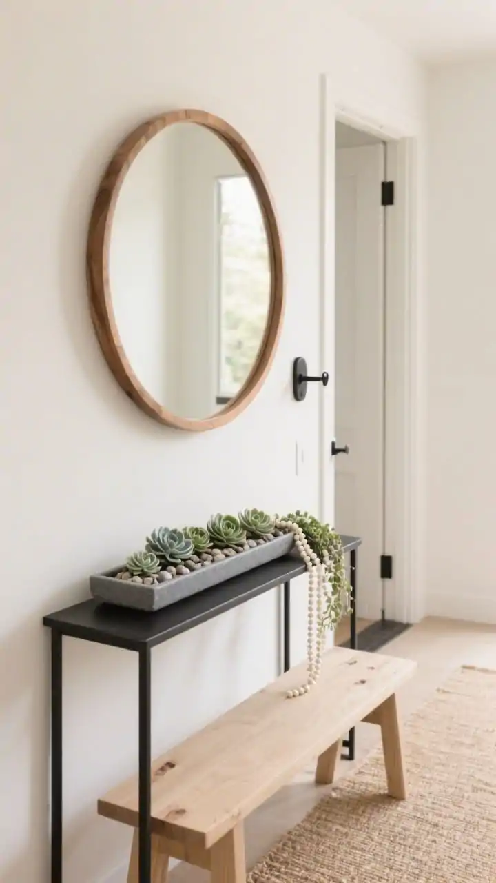 Photorealistic medium shot, straight-on view of a Japandi entryway: a narrow black metal console beside a pale ash wood bench, warm white walls and a sand-colored runner underfoot. On the console sits a long slate-gray ceramic rectangular tray filled with drainage pebbles, a linear arrangement of echeveria rosettes, and string-of-pearls draping elegantly off one end like a living brushstroke. An oversized round oak mirror hangs above, with matte black hooks nearby. Lighting is diffused daylight from off-frame, calm and soft, emphasizing clean lines and matte textures.