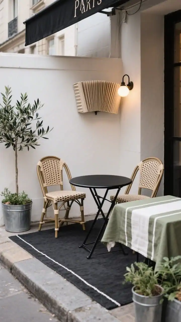 Photorealistic medium shot, urban bistro nook on a compact patio corner styled like a Paris sidewalk cafe: a matte-black round folding bistro table with two slim woven rattan chairs, a charcoal outdoor rug with a thin white stripe anchoring the setup, a wall-mounted accordion sconce casting a cozy evening glow; decor includes a small potted olive tree, zinc herb planters, and a striped linen table runner; color palette black, oatmeal, soft white with a pop of sage; no people; taken from a slight corner angle to show clear walkways and the soft circular flow