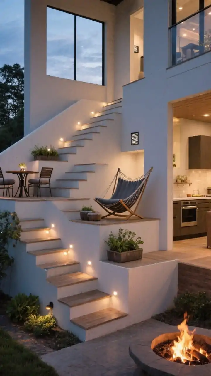 Photorealistic medium stair perspective showcasing a multi-stop staircase with mini landing lounges: a bistro set on one landing, a hammock chair on another, herb planters near the kitchen level; solar lights embedded along risers creating a twinkle path effect; landings visibly at least 3–4 feet deep for usability; the stairs leading down to a larger fire pit destination; early evening ambiance emphasizing layered moments