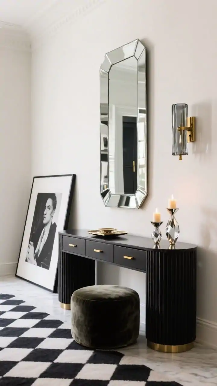 Photorealistic medium, straight-on Modern Glam composition: soft ivory walls, a black fluted console with hidden drawers, a tall bevel-edged mirror above, metallic accents including polished brass pulls, a mirrored tray on the console, and a smoked-glass sconce casting moody reflections; monochrome checkerboard runner on the floor; an oversized black-and-white photograph leaning or hung; a velvet ottoman tucked beneath the console; candle trio in faceted holders adding a luxe glow; sharp, high-contrast drama.