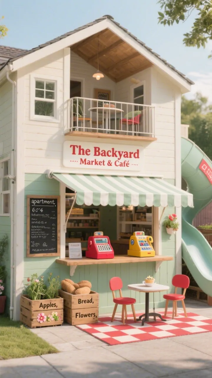 Photorealistic medium straight-on storefront view of “The Backyard Market & Cafe”: compact 6x4’ structure with an open service window and a fold-down counter, striped awning overhead, hanging chalkboard menu. Ground-level market stall styled with wooden crates labeled “Apples,” “Bread,” and “Flowers,” plus a toy cash register on the counter. Above, a half-roofed loft with a petite bistro rail as the “apartment.” Side slide hinting at quick deliveries. Mini herb box planter along the base. Color palette: sage, cream, candy-apple red accents. Checkerboard outdoor mat with a tiny café table and two kid chairs. Soft afternoon light, charming and photogenic, no people.