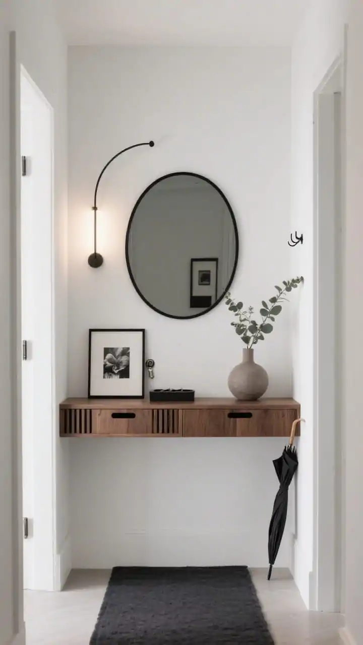Photorealistic medium, straight-on view of a Modern Minimalist Gallery Nook: a narrow entry with bone white walls and a matte warm oak floating wall-to-wall console. Centered above is a sleek black-framed round mirror. Under the console, two low-profile slatted shoe drawers seamlessly blend into the base; at one end, a slim umbrella trough. A charcoal runner grounds the floor. On the console, artful black-and-white prints lean casually, a concealed key tray hinted at by a subtle push-latch line, and a single sculptural vase with eucalyptus. Minimal arched LED sconce casts a soft wall-wash over the art; slim hooks are hidden behind a flush panel. Calm, clean lines, gallery-meets-function, no people.